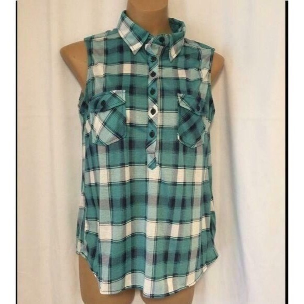 Eden & Olivia Blouse Blouse sleeveless green plaid Flannel Look Shirt S‎